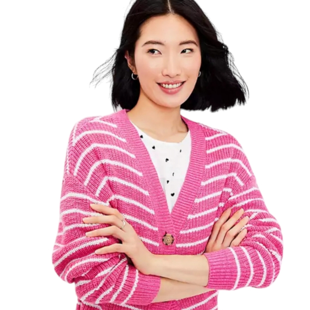 Loft Pink Striped Button Front Cardigan